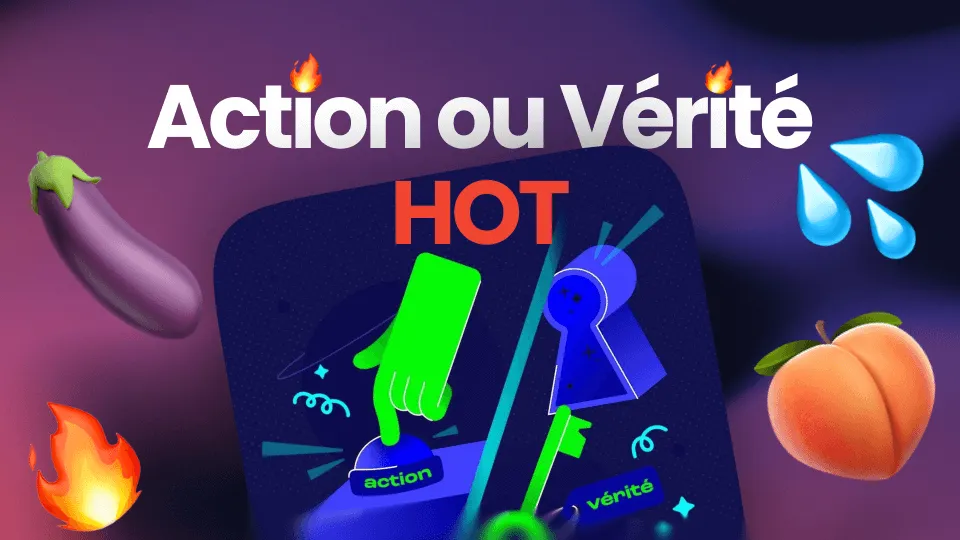 Image du jeu Action ou Vérité de l'application de jeux de soirée Traknard avec des émojis flamme, pêche, goute et aubergine avec écrit action ou vérité hot en haut